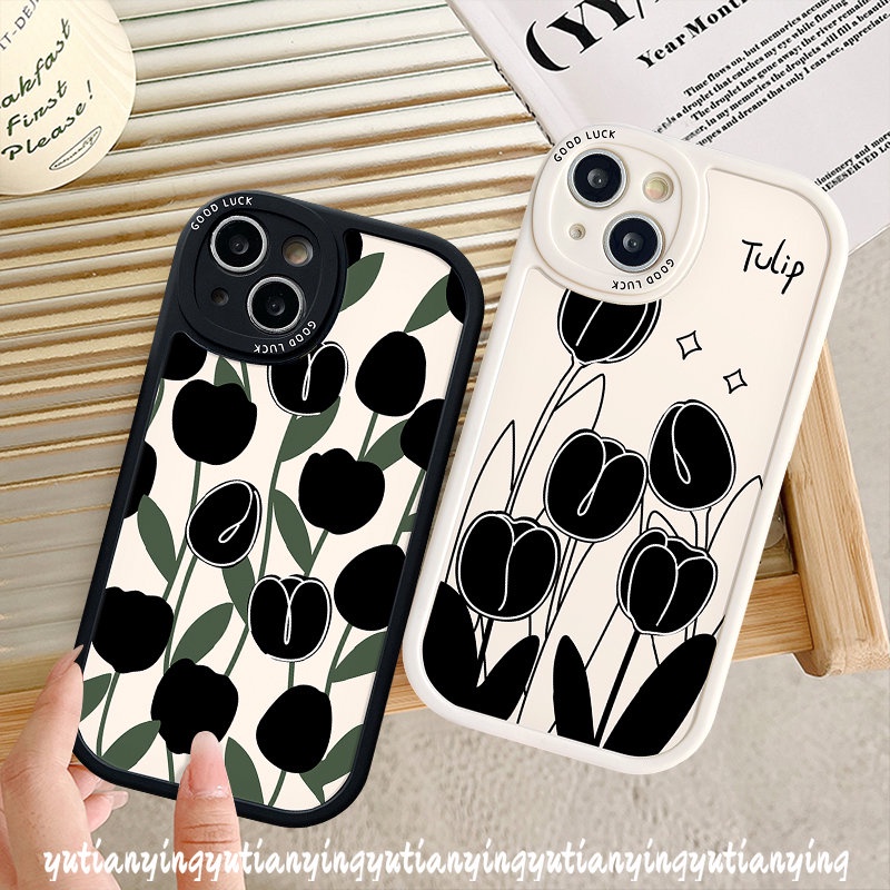 IPHONE Case Kompatibel Untuk Iphone11 14 13 12 Pro Max XS XR X Max6 8 7 6s Plus SE 2020 Ins Bunga Tulip Hitam Sederhana Pasangan Ponsel Tpu Lembut Pasangan Penutup Belakang