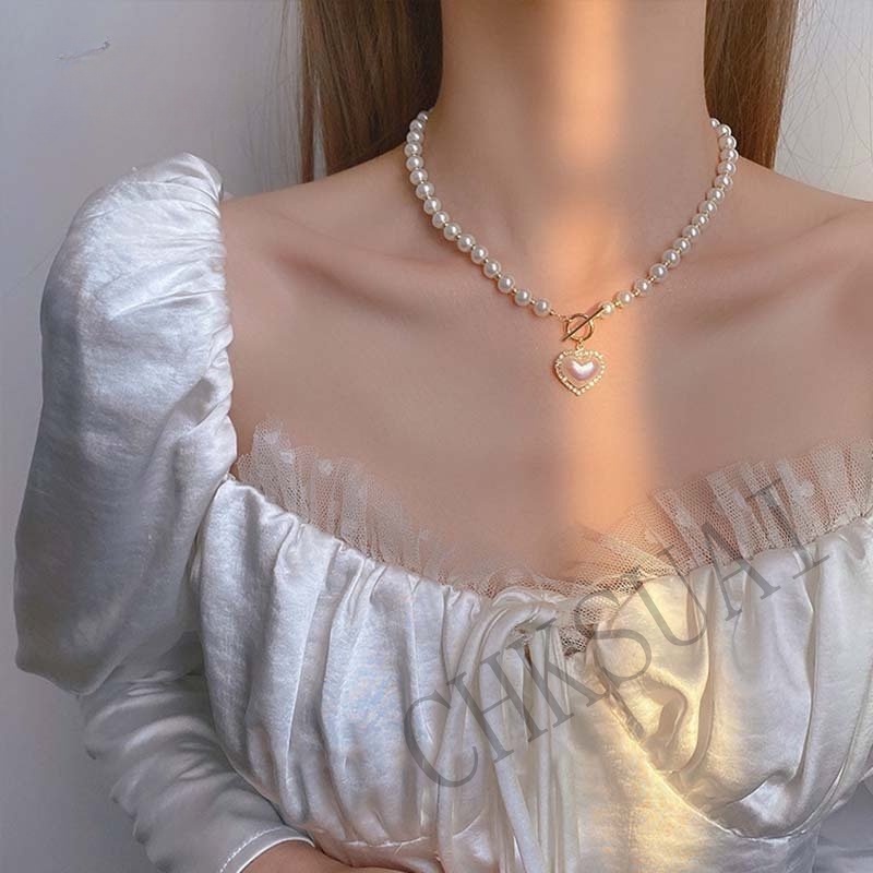 Fashion Mutiara Manik-Manik Kalung Elegan Berongga Jantung Rantai Kupu-Kupu Liontin Kalung Klavikula Choker Pasangan Kalung Untuk Wanita Aksesoris Perhiasan