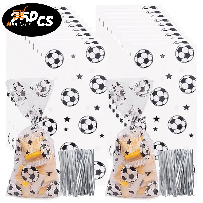 25pcs/set Tas Hadiah Plastik Sepak Bola Transparan Dengan Ikatan Twist/Kantong Nikmat Pesta Tema Sepak Bola Dunia