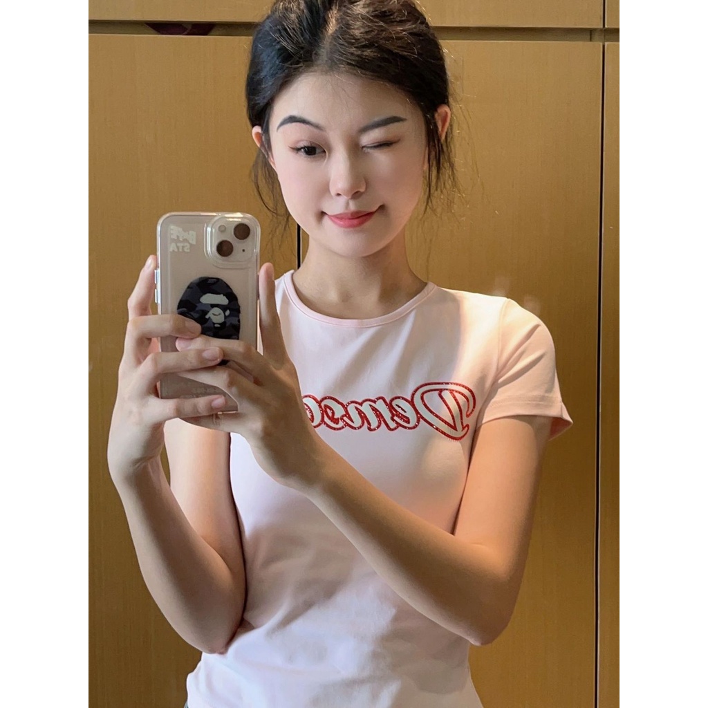 Red American hot girl bm style letter front shoulder short-sleeve t-shirt female versi Korea slim slim short top ins sweet and spicy pure desire