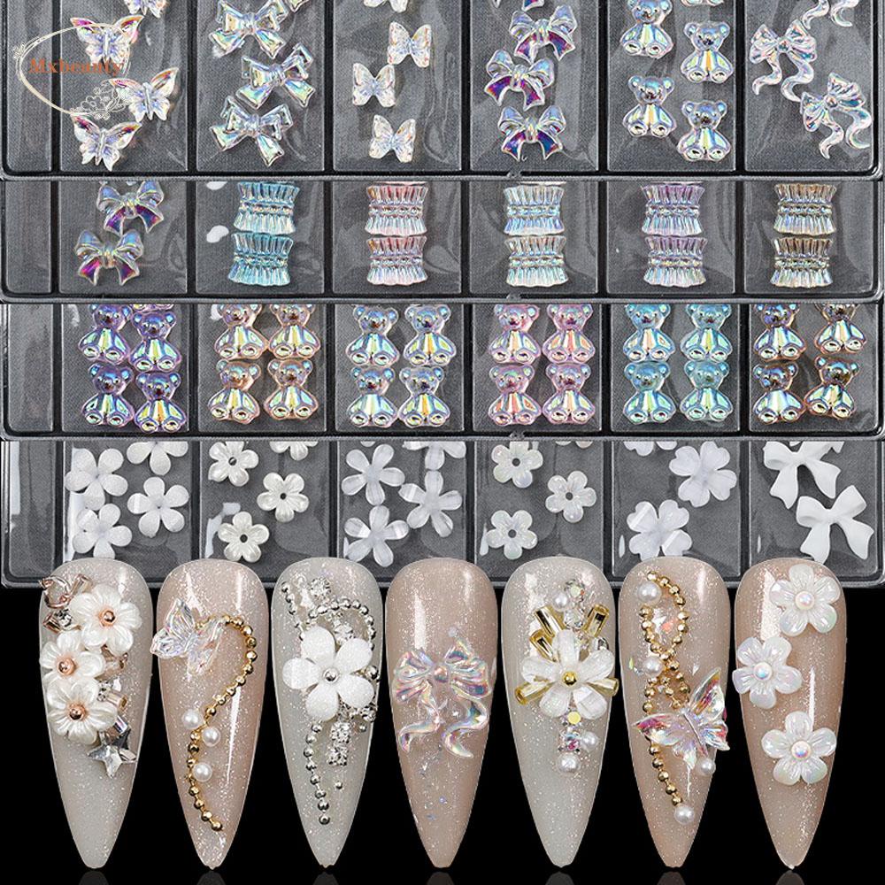 MXBEAUTY 48 Pcs/Set 3D Nail Decoration Various Nail Rhinestones Nail Art Bow Skirt Shape Candy Color Resin Laser Colorful Bow Ribbon DIY Manicure Accessories Nail Jewelry