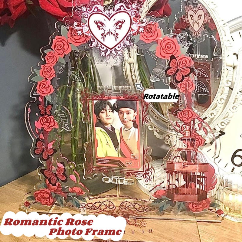 Romantic Rose Bingkai Foto Akrilik Rotatable Deluxe Photocards Holder Butterfly Bingkai Pajangan Desktop 3inch Idol Photocard Pelindung Case Dekorasi