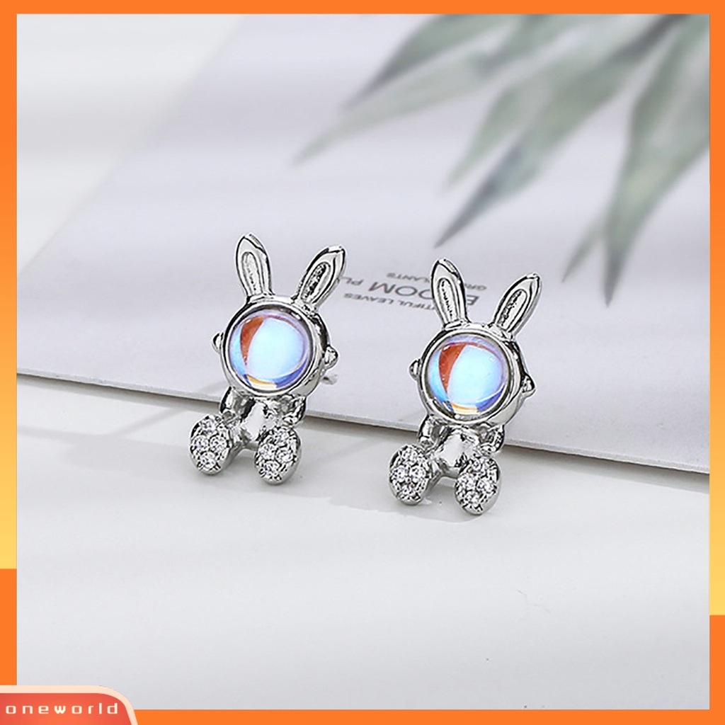 [EONE] 1pasang Ear Studs Faux Moonstone Mini Bawa Keberuntungan Bling Berlian Imitasi Kelinci Bunny Wanita Anting Perhiasan Aksesoris