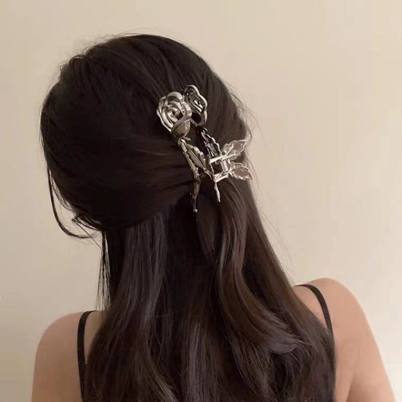 Cakar Rambut Daun Bunga Mawar Logam Besar Elegan/Korea Ponytail Holder Hiu Hair Grip/Gadis Vintage Jepit Aksesoris Rambut