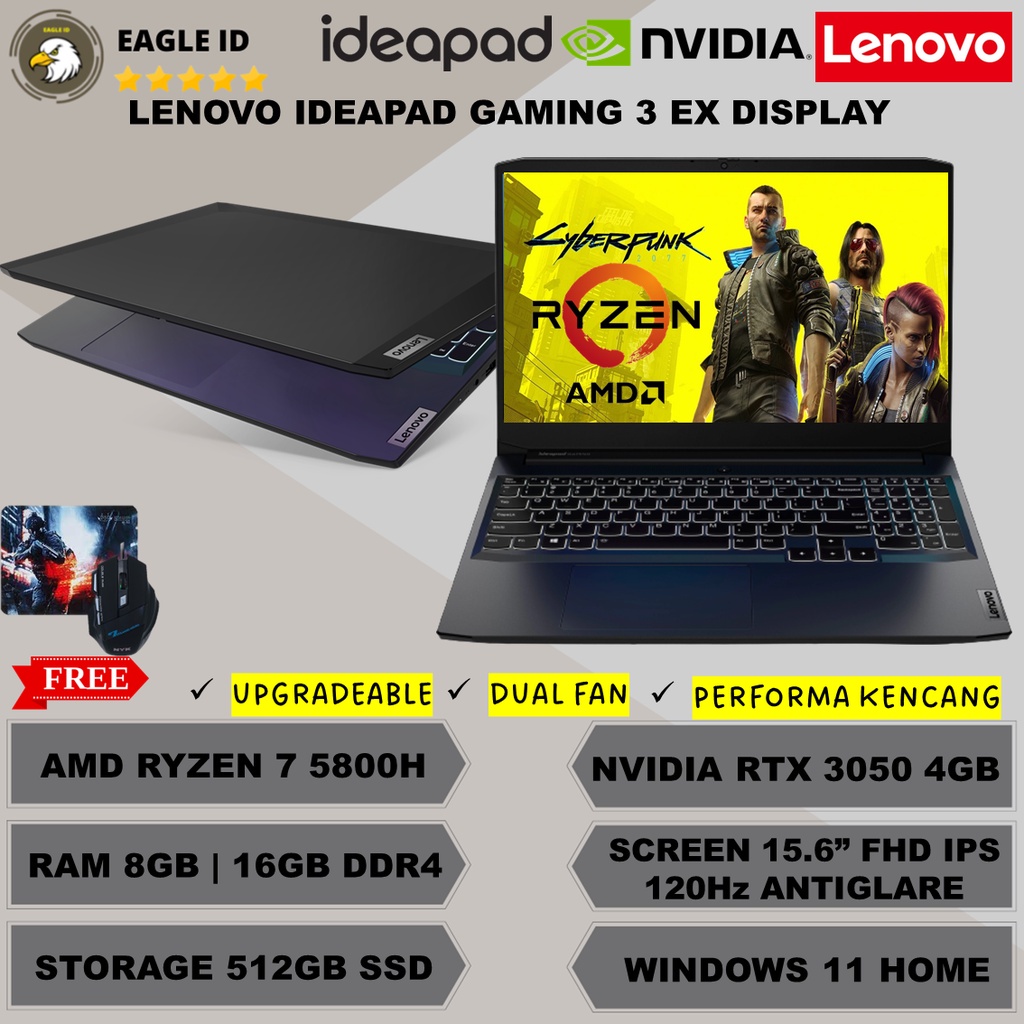 LAPTOP LENOVO IDEAPAD GAMING 3 15 AMD RYZEN 7 5800H RAM 32GB 512GB NVIDIA RTX3050 FHD 120HZ EX DISPL