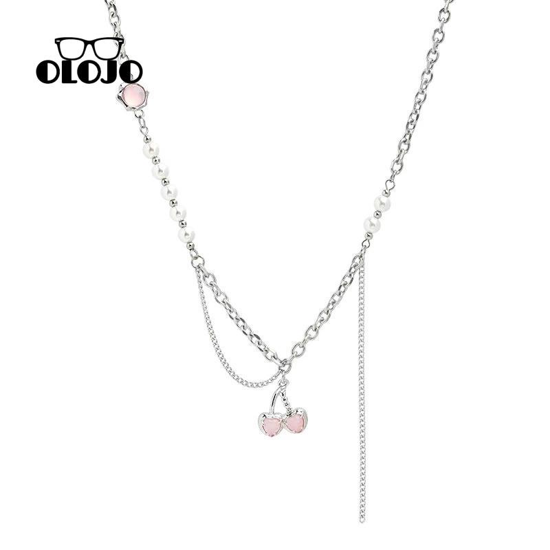 【COD】Cherry Pearl Splicing Necklace Musim Panas Gaya Manis Keren Ringan Mewah Rantai Tulang Selangka Metal