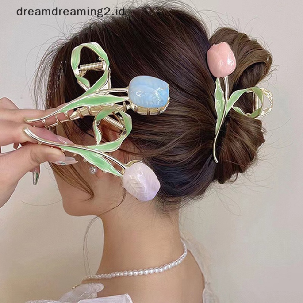 (dream) Baru Tulip Hair Claw Flower grace Hiu Klip Hiasan Kepala Vintage Ponytail Claw CLIP Trendi Manis Klip Rambut Untuk Perhiasan Rambut Gadis//