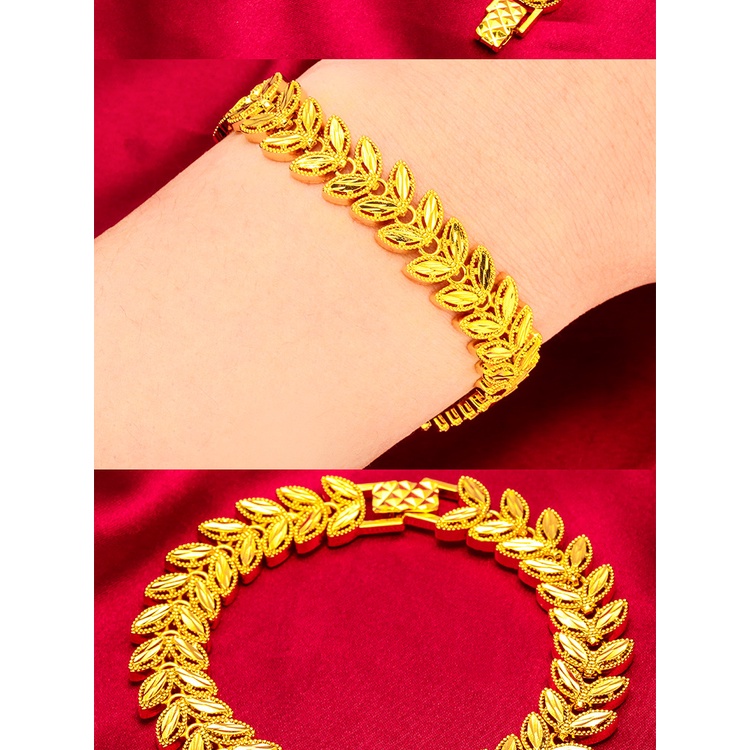 Goldkingdom Perhiasan Fashion 24K Bangkok Aksesoris Ready Stock Wanita Bertepi Lebar 12mm Gelang Daun Telinga Gelang Berlapis Emas Mendominasi