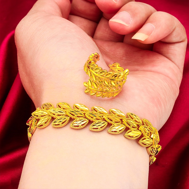 Goldkingdom Perhiasan Fashion 24K Bangkok Aksesoris Ready Stock Gandum Telinga Daun Bertepi Lebar Wanita Daun Cincin Gelang Set