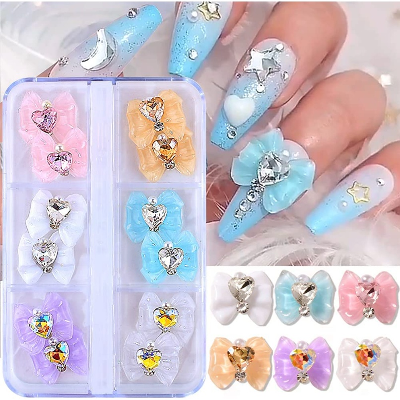 [Unggulan] Berlian Mengkilap Kuku Berlian Imitasi Aksesoris Kuku Perlengkapan Kuku DIY Kuku 3D Busur Kuku Pesona Busur Resin Nail Art Dekorasi 6warna Kristal Hati Ikatan Simpul Kuku Permata