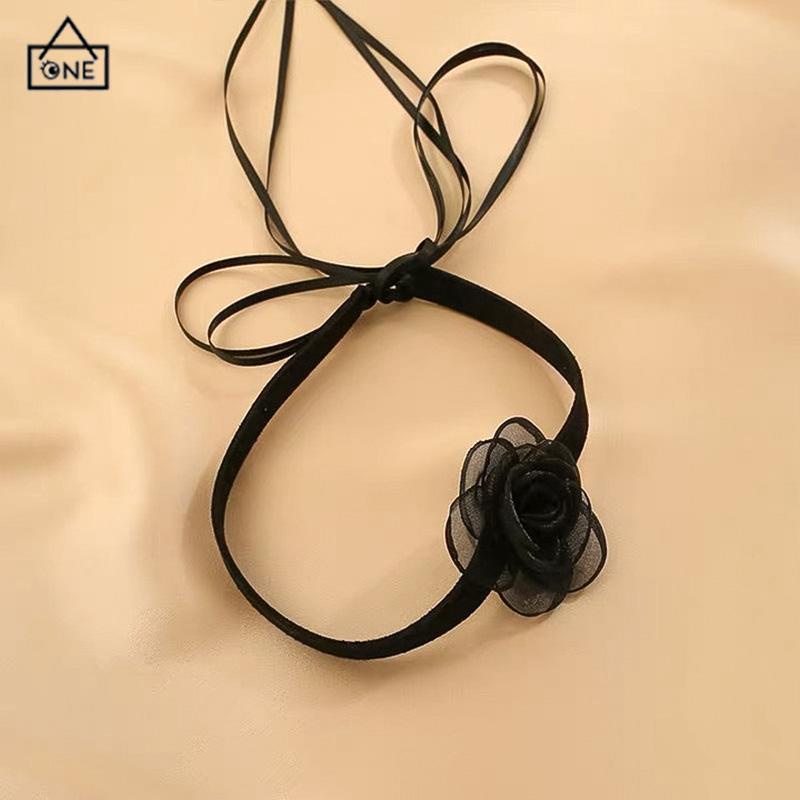 COD❤️Waktu Seksi Choker Kerah Perhiasan Retro-Hitam Renda Camellia Kalung Pesta Makan Malam Neck-Band Wanita Fashion Adjustable Neckl-A.one