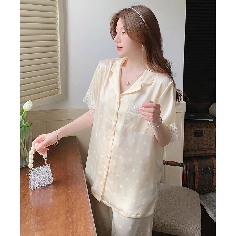 2023 new Korean version thin pink pajamas set/short sleeve top+trousers two -piece home clothing