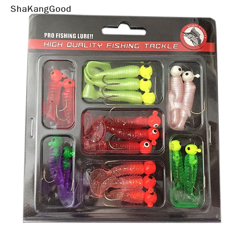Umpan Pancing Selip Set Jig Lead Head Hooks Cacing Lembut Grub Umpan Ekor Tunggal 17Pcs SKK