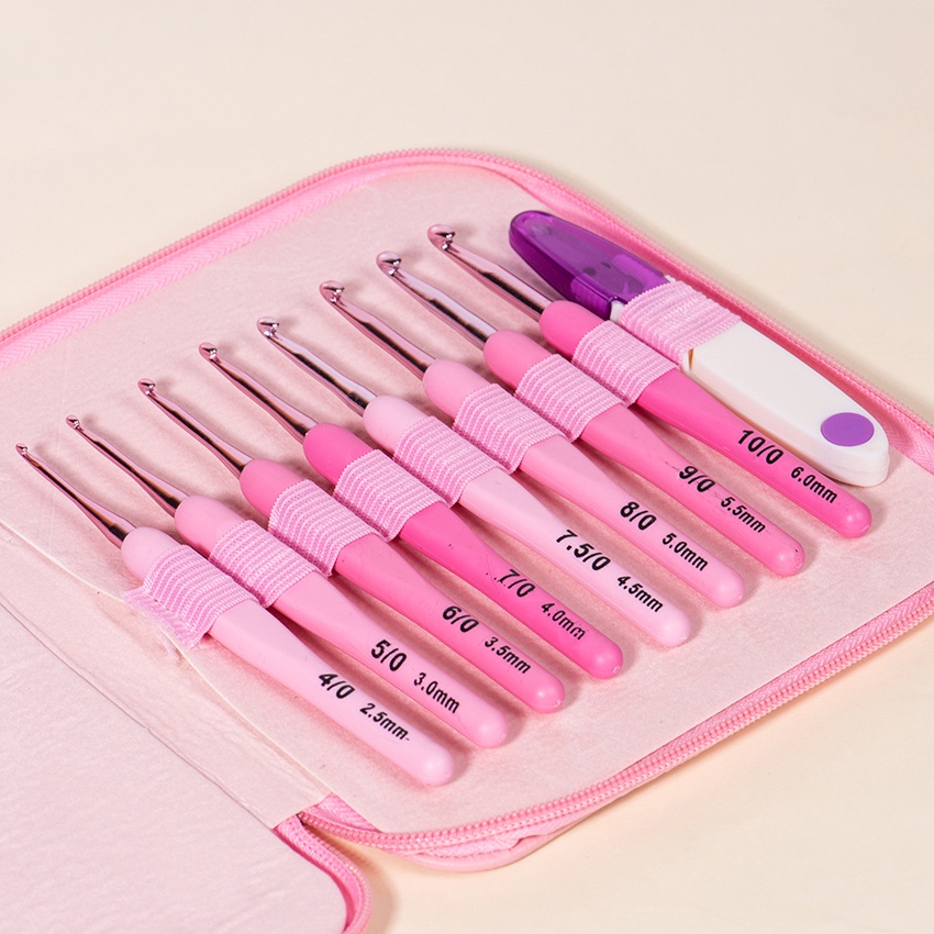 9Pcs Crochet Hook Set Ergonomic Hakpen Crochet Hook (Alat/Jarum Rajut) With Pink Case Knitting