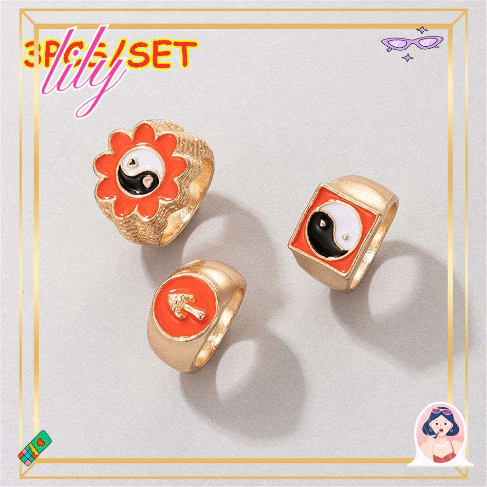 Lily 3Pcs Cincin Jari Perhiasan Fashion Cinta Hati Yin Yang Enamel