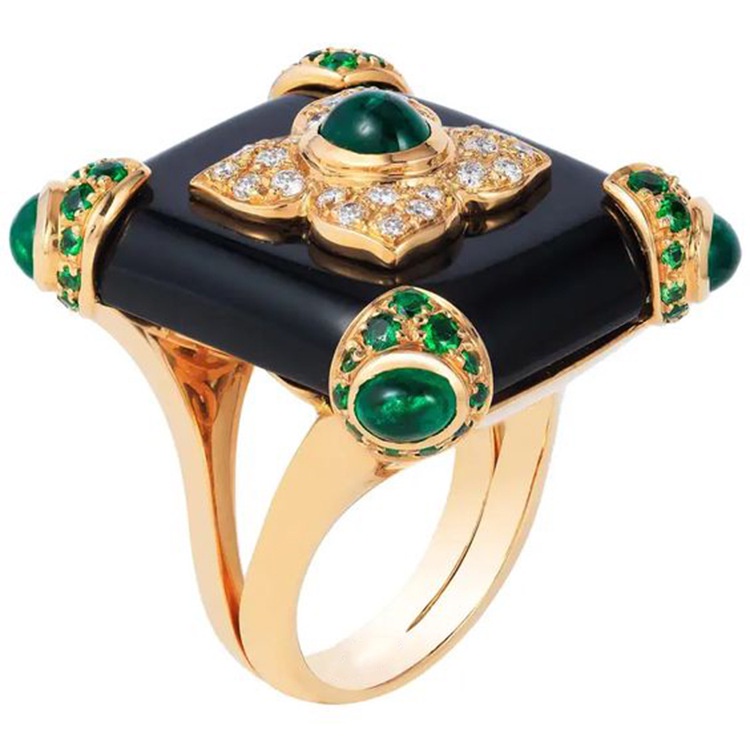 Goldkingdom Fashion Perhiasan Aksesoris Ready Stock Vintage Nenek Zamrud Cincin Berlapis Emas 18k Enamel Glasir Batu Akik Hitam Cincin Wanita