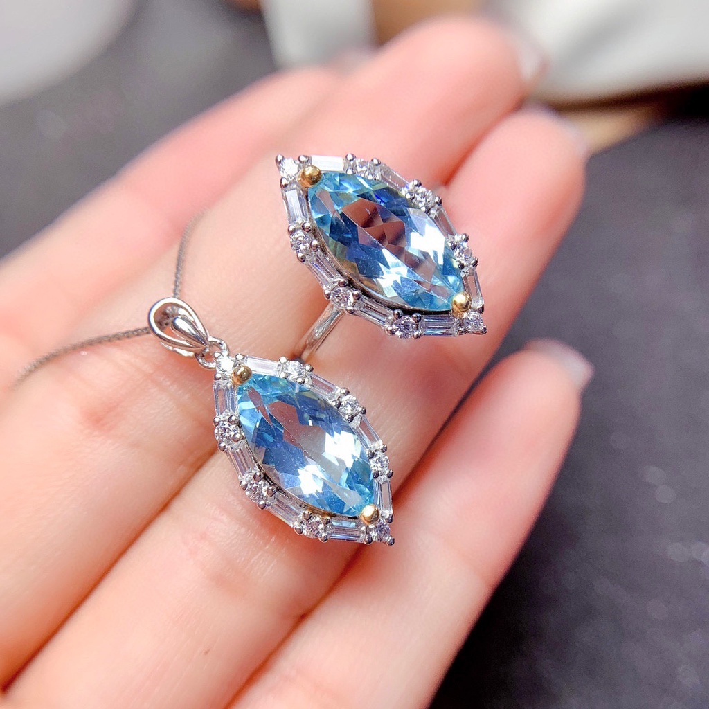 Goldkingdom Aksesoris Perhiasan Fashion Ready Stock Natural Blue Topaz Cincin Warna-Warni Liontin Kalung Set Perempuan