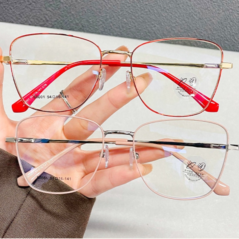 (YUZHU) Vintage Fashion Cat Eye Anti Blue Light Eyeglasses Untuk Wanita Western Fashion Metal Square Colorful Replaceable Lens Eyeglasses