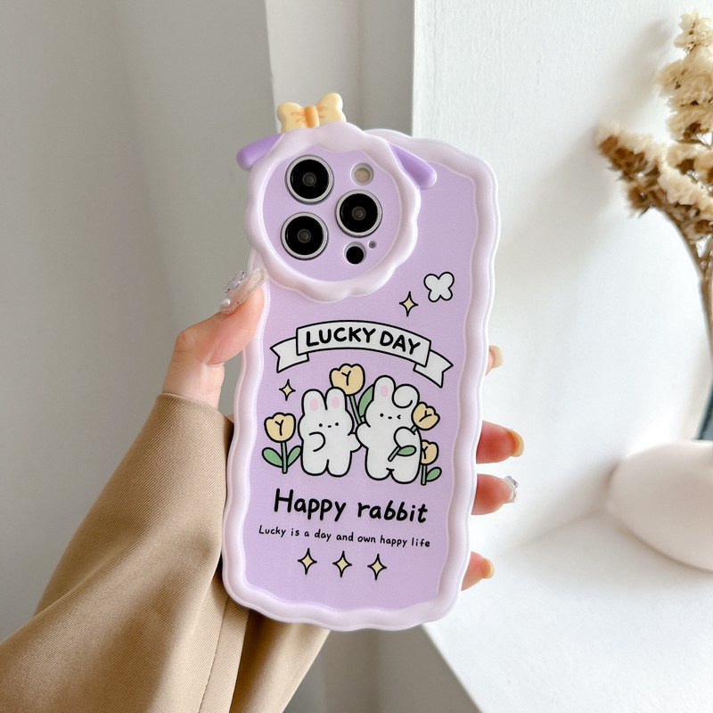 【Lamb Style】Purple Happy Rabbit Soft TPU Case HP iP iPhone 11 12 13 14 Pro Max 7 8 + Plus SE 2020 X XS XR Max Girl Woman FTD Casing Apple