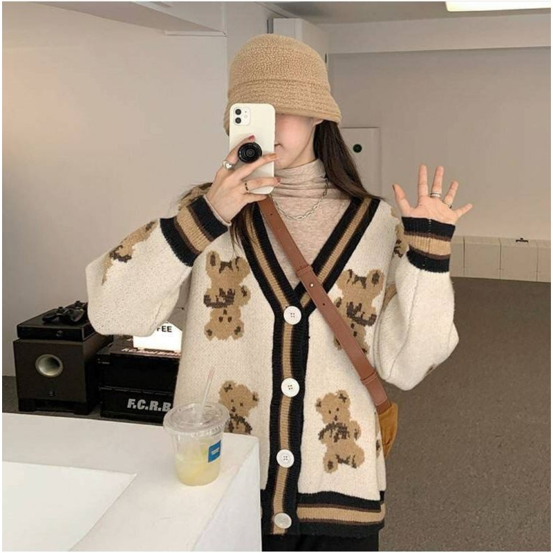 IMPORT GOM WOMAN KNIT CARDIGAN 7OVERSIZED KARDIGAN RAJUT WANITA MOTIF BERUANG KOREA