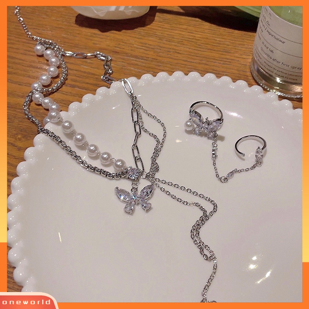 [EONE] Wanita Kalung Multi-Layer Mutiara Imitasi Link Rantai Splicing Berlian Imitasi Kupu-Kupu Jumbai Klavikula Kalung Jari Cincin Perhiasan Fashion