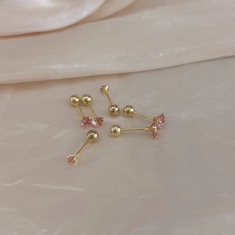 Roselife Klasik 14 K Emas Glittery Pink Zirkon Anting Sekrup Untuk Wanita Gadis Double-end Round Ball Tindik Bola Kecil Kristal Anting Fashion Telinga Perhiasan Hadiah