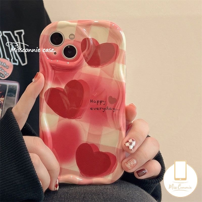 IPHONE Ins Pink Gradiasi Cinta Hati Tpu Soft Phone Case Kompatibel Untuk Iphone11Xr 78 6s 6plus 13 11 12 14 Pro Max X XS Max SE 2020 3D Wavy Curved Edge Glossy Shockproof Soft Cover