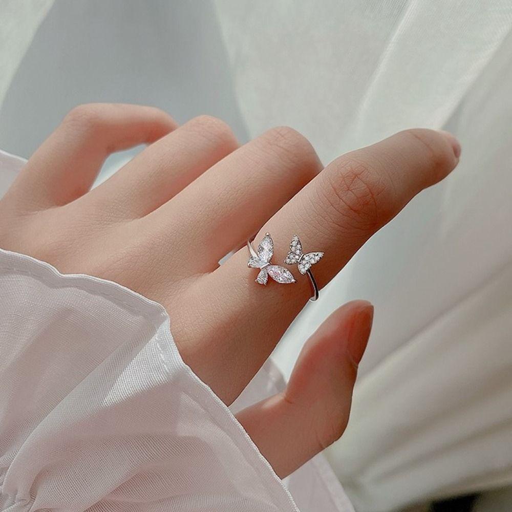 Mxbeauty Zirkon Terbuka Cincin Trendi Pesona Emas Lucu Klasik Adjustable Alloy Vintage Wanita Jari Cincin