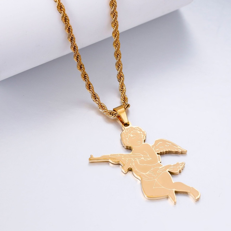 Z H Perhiasan Emas 18K 24K Gold S925 Perak Vintage Punk Guardian Angel Pendant Pria Dan Wanita Fashion Anti Karat Roda Takdir Kalung Hip Hop Aksesoris Pesta