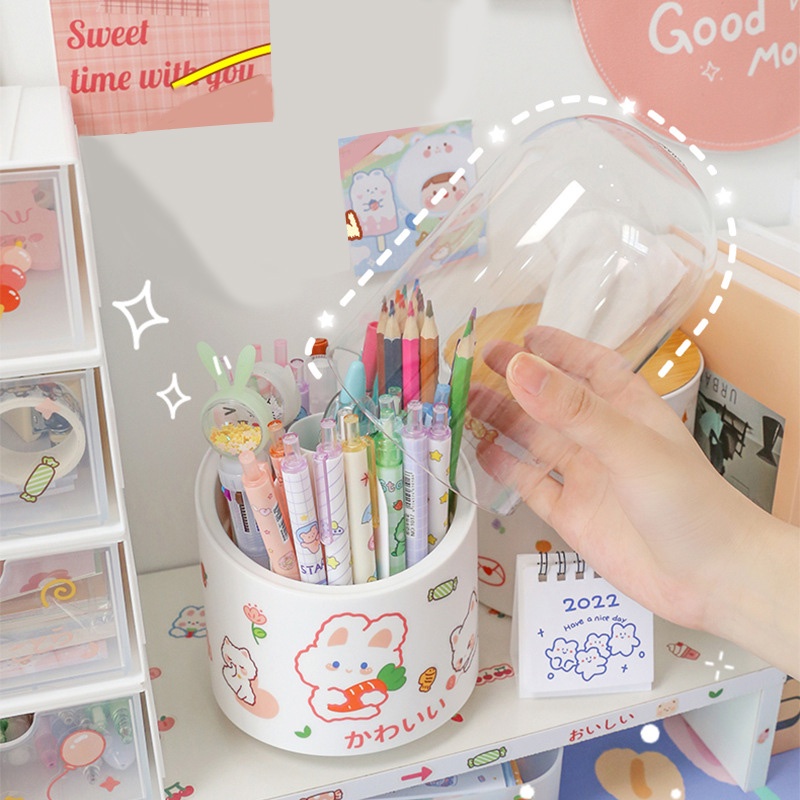 Imut Korea360°C Rotating Pen Holder Desktop Storage Box Alat Tulis Tempat Pulpen Organizer Meja