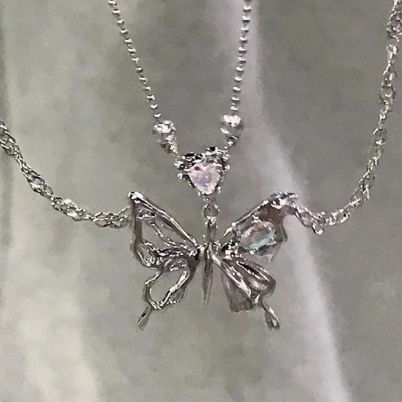 Y2k Kalung Kupu-Kupu Ganda Manis Dan Keren Ins Niche Punk Zircon Love Necklace Untuk Wanita