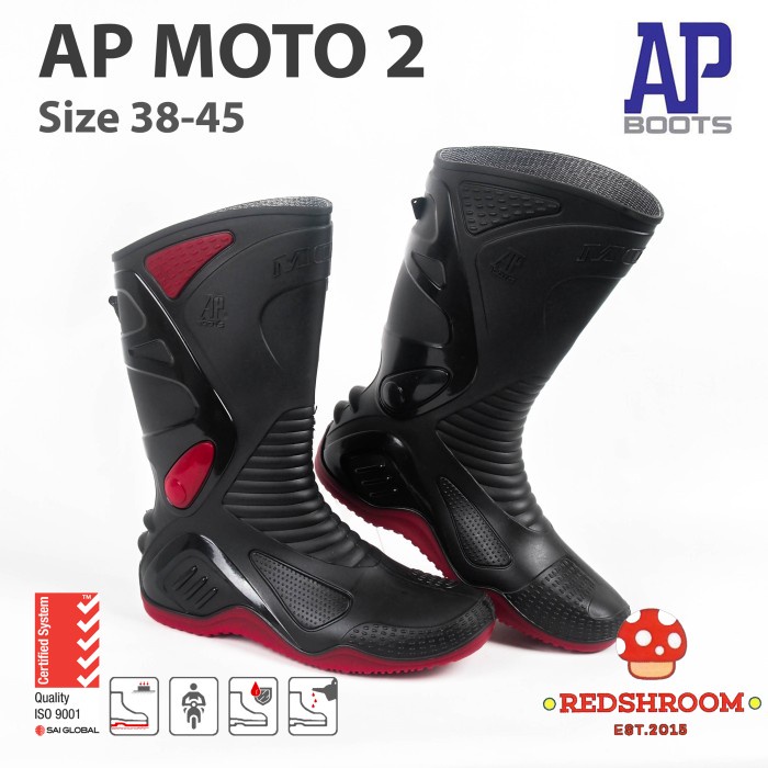 (COD) SEPATU BOOT TINGGI AP BOOTS AP MOTO 2 HITAM MERAH MOTOR SIZE 38-45 - 38