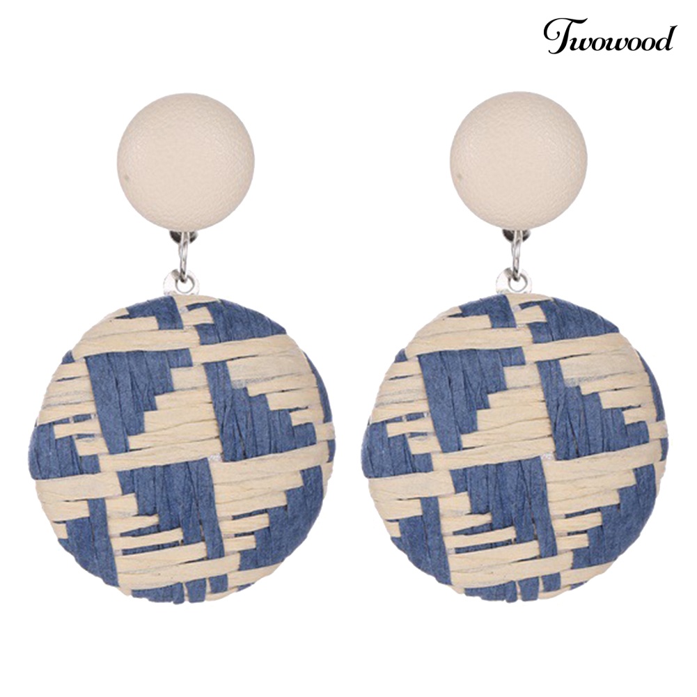 Twowood Boho Wanita Geometris Tombol Bulat Anyaman Jerami Menjuntai Stud Earrings Perhiasan