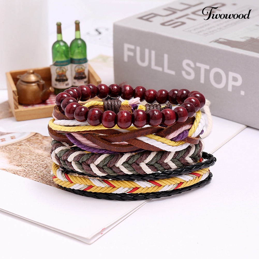 Twowood 4Pcs Pria Kulit Imitasi Adjustable Braided Rope Bangle Gelang Pergelangan Tangan Perhiasan