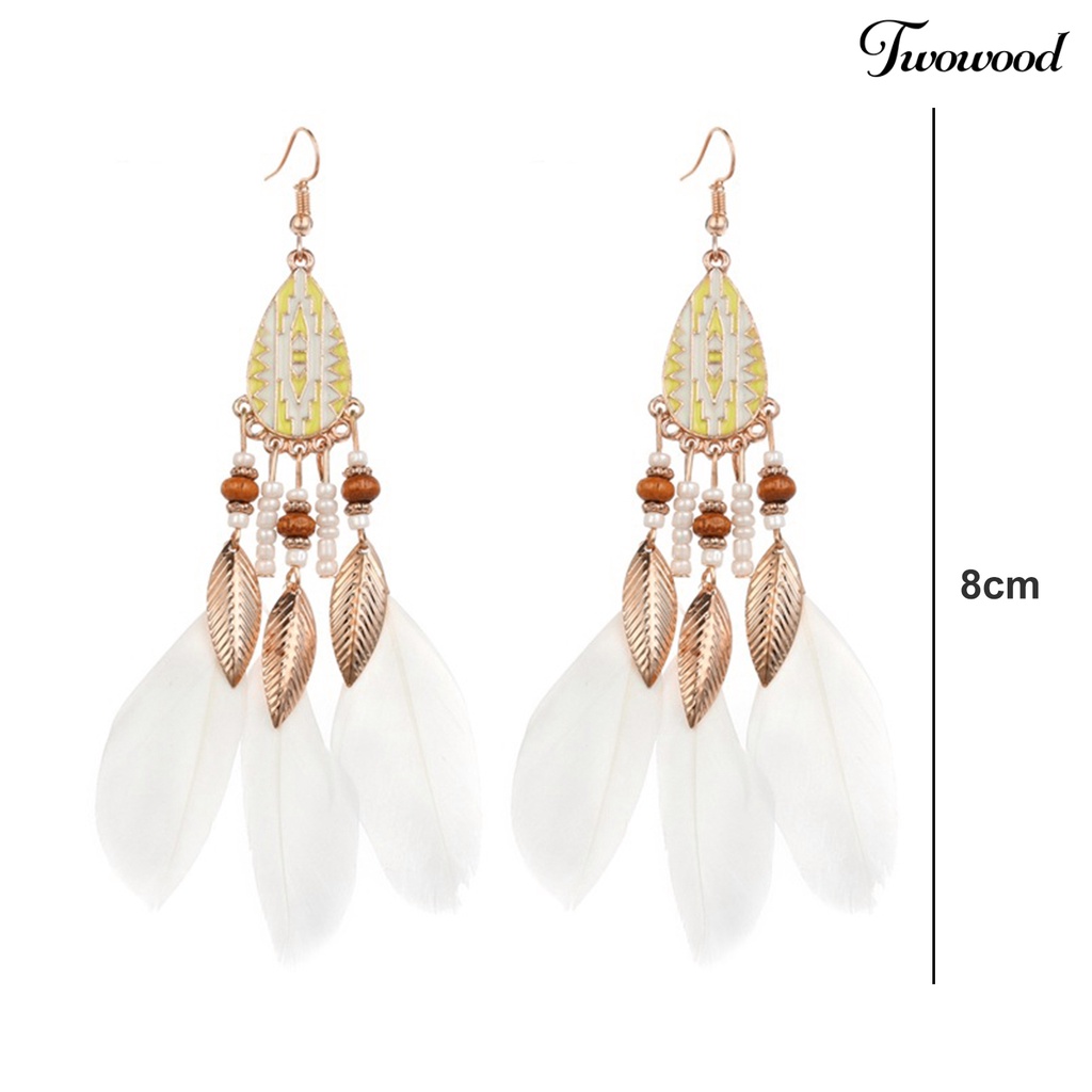 Twowood 1pasang Anting Kait Gaya Etnik Tetesan Air Liontin Manik-Manik Kepribadian Eye-catching Dekorasi Hypoallergenic Buatan Bulu Vintage Menjuntai Anting-Anting Perhiasan Aksesori