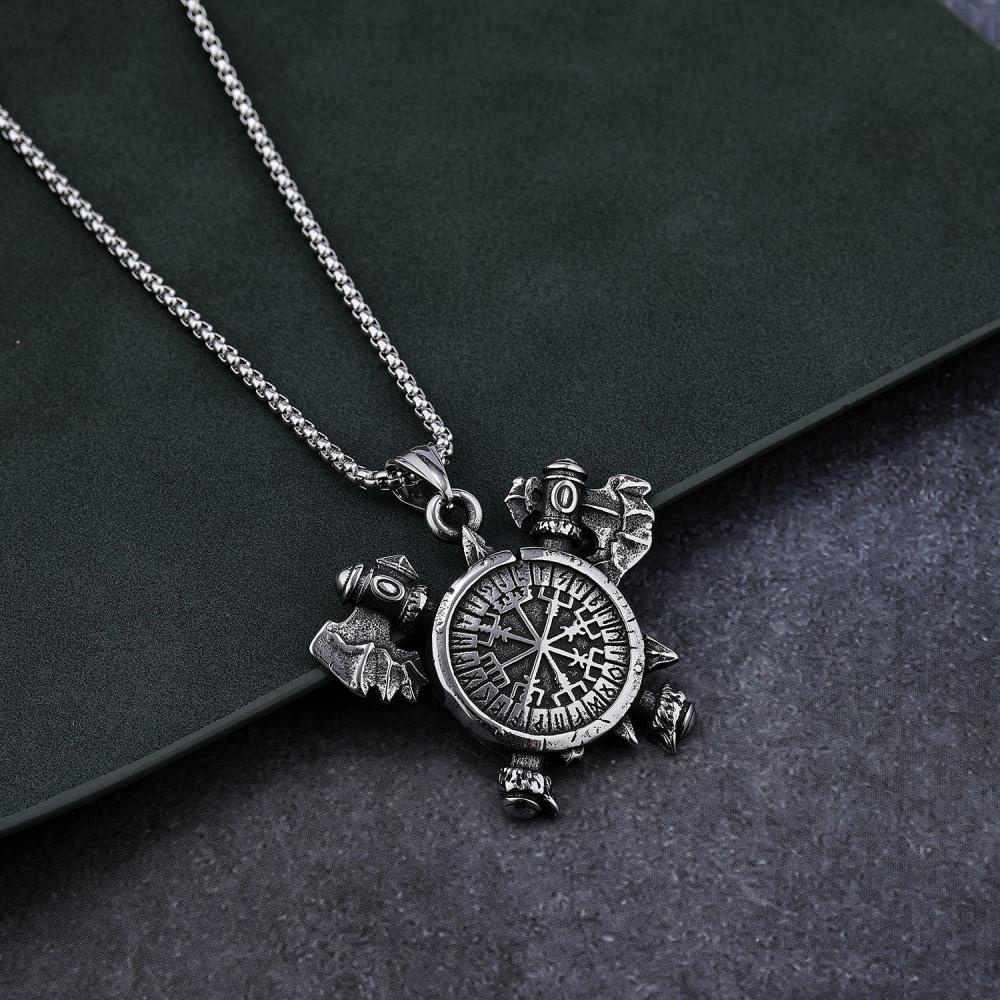 [X C Kalung] New Nordic Viking Odin Kapak Baja Titanium Pria Liontin Kalung Rune Perisai Heavy Duty Pendant