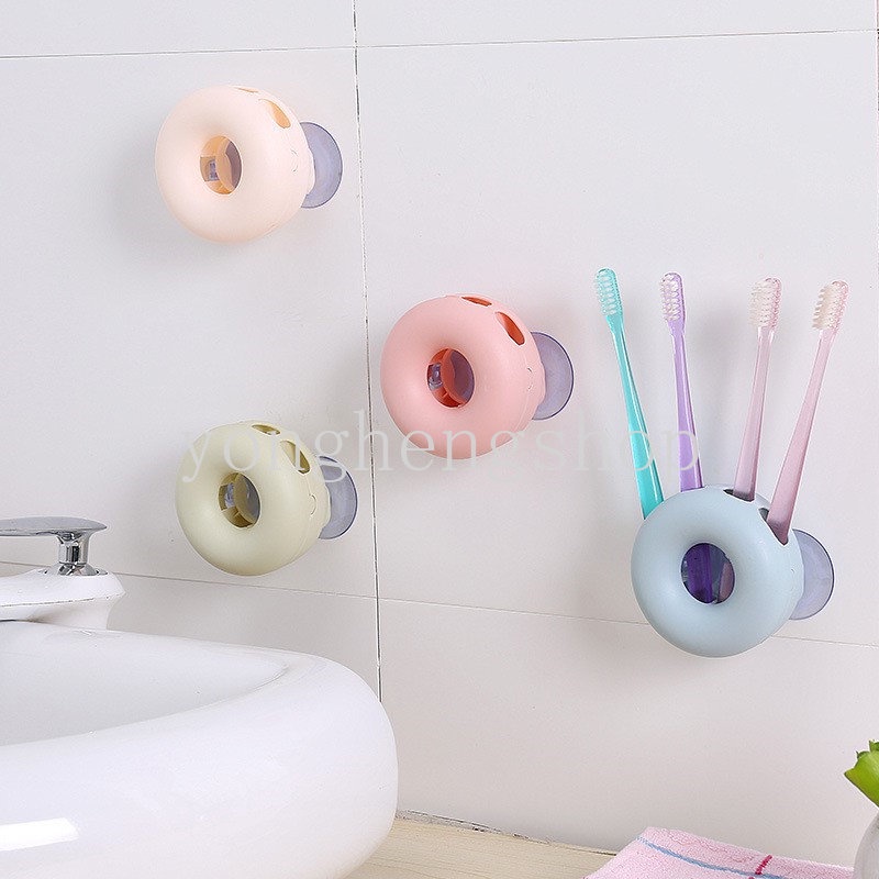 4lubang Tempat Sikat Gigi Tooth Brush Razor Rack Dengan Suction Cup Dinding Lucu Berbentuk Donat Rak Penyimpanan Organizer Kamar Mandi