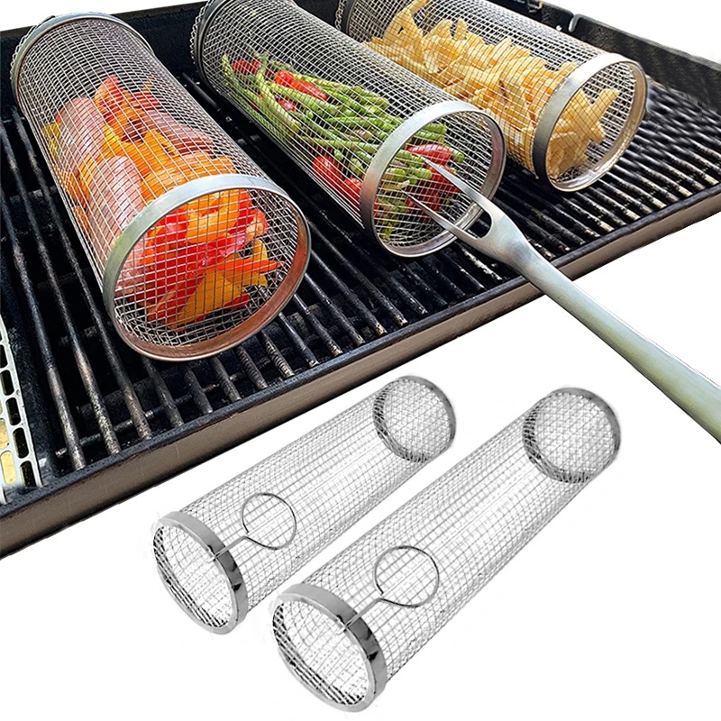 Keranjang Rak Barbekyu Stainless Steel Outdoor Camping/Travel Keluarga Anti Bocor Masak Panggangan Parutan Rotary Grill Basket