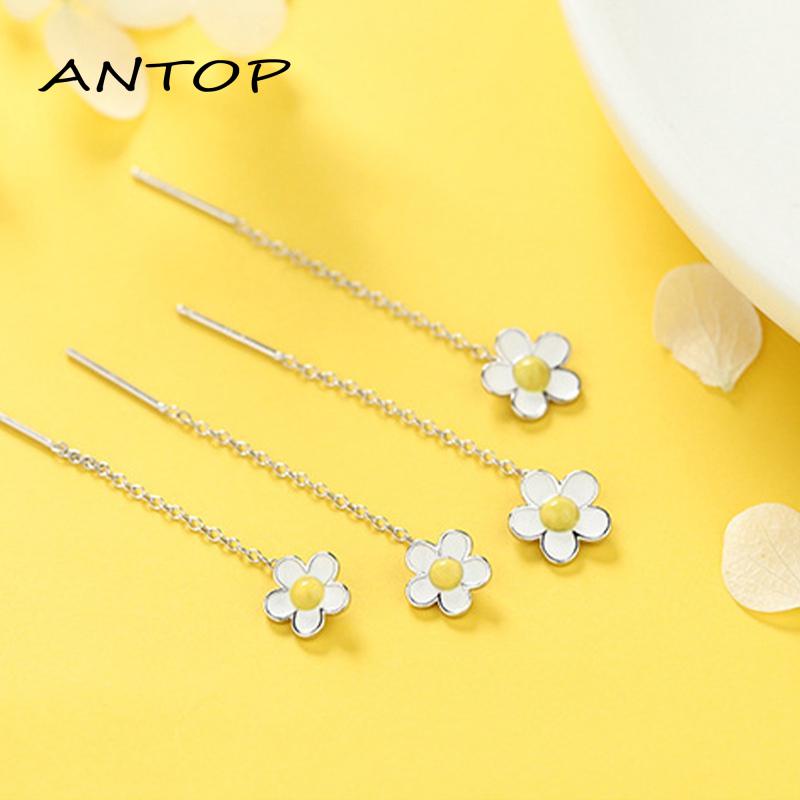 [antop] Anting Tusuk Telinga Daisy Segar Sederhana Anting Kamboja Panjang Wanita Musim Semi Panas Masuk Lux