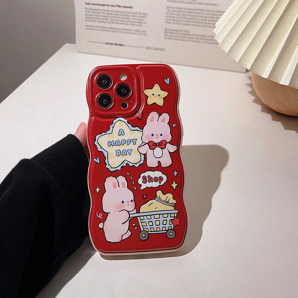 IPHONE Kartun Belanja Bunny Kelinci Anggur Merah Berbentuk Gelombang Perlindungan Penuh Casing Ponsel Cover Untuk Iphone11 12 13 14 PLUS PRO MAX