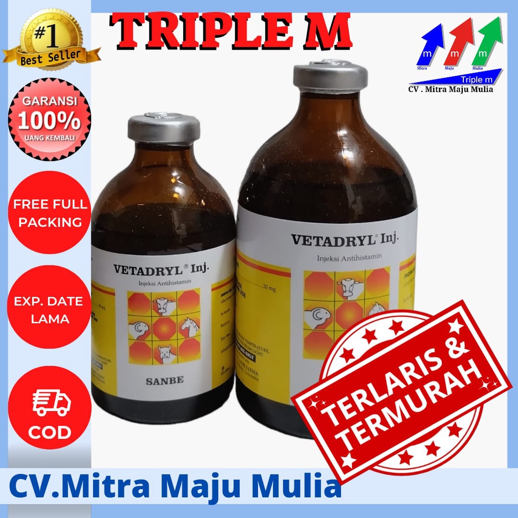 Vetadryl Injeksi 50 ml dan 100 ml Antihistamin Hewan Sapi Kuda dll PT Sanbe Farma