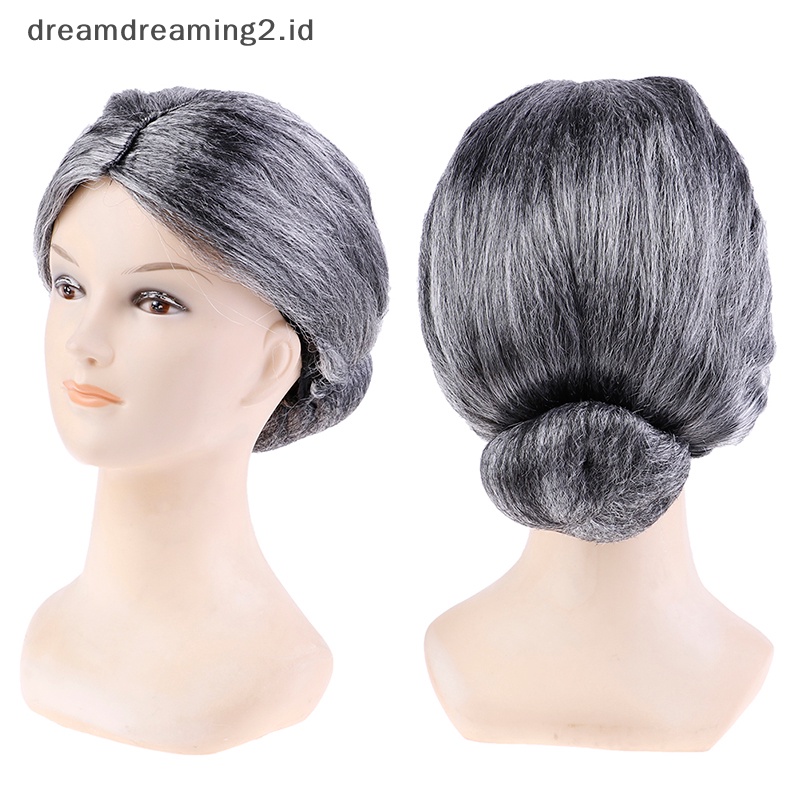 (drea) Wig Sanggul Rambut Nenek Tua Lady Grandma Grey Nenek Ibu Fancy Dress Kostum  //