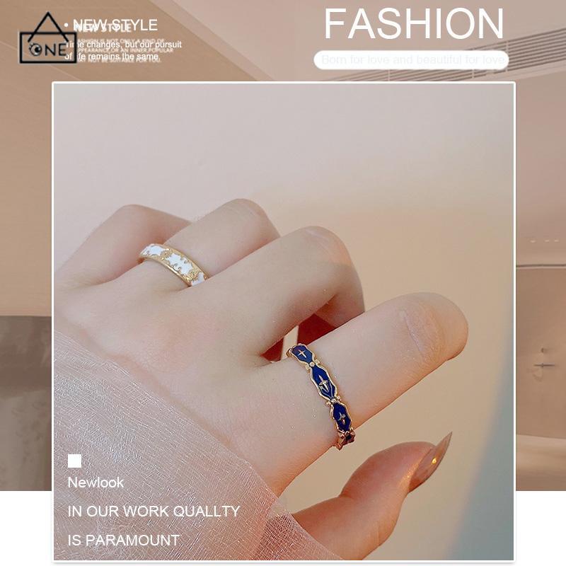 COD❤️Cincin Wanita Gold Gaya Korea disesuaikan Glasir Biru Salib Pola Enamel Untuk Unisex-A.one