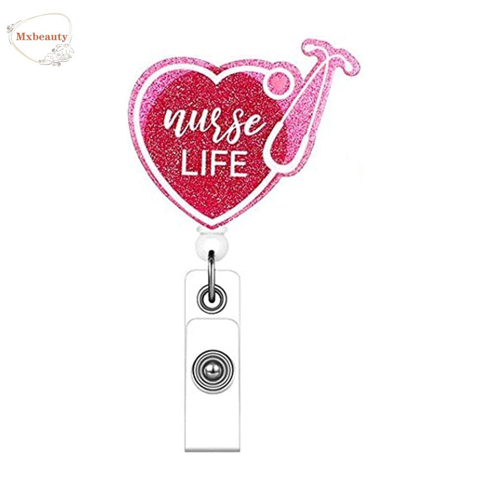 Mxbeauty Klip Gulungan Cinta Hati Ditarik Bling ID Badge Reel Clip Name Tag Badge Gulungan Suppies Kantor Hospital Badge Holder