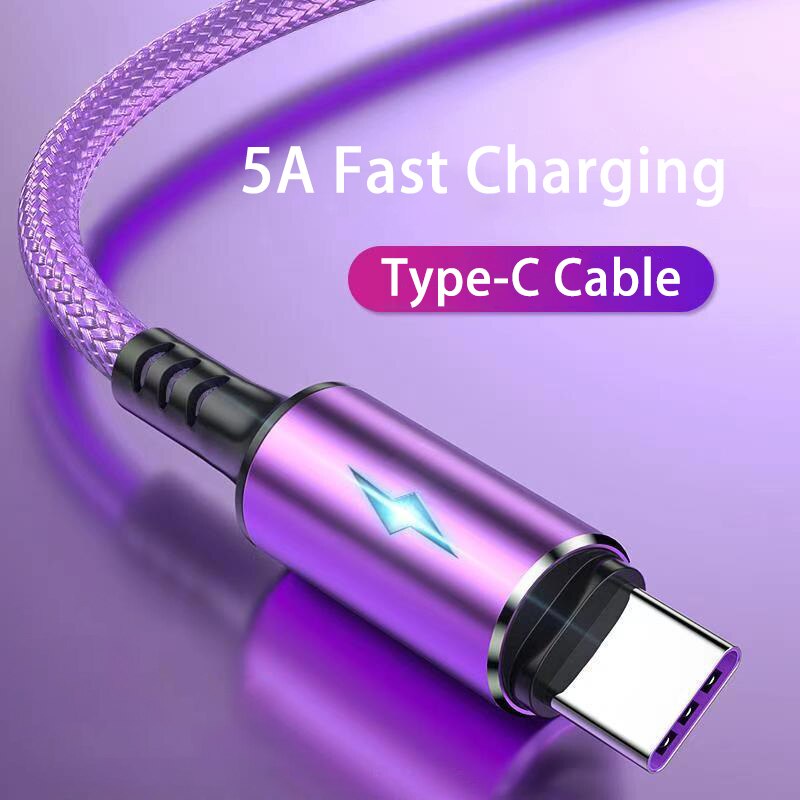 3a Kabel USB Tipe C 5A USB C Fast Charge Kabel Data Nylon Braided Charger USB Cable Untuk iPhone Huawei Realme Kabel Aksesoris Telepon Dengan Indikator LED