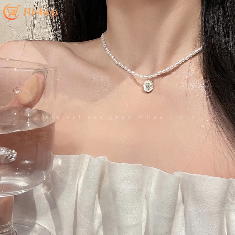 Vintage Pearl Beads Necklace Rose Coin Kalung Liontin Emas Untuk Wanita Aksesoris Perhiasan