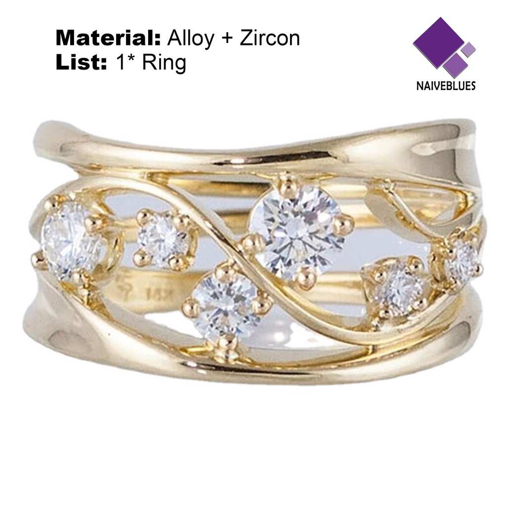 &lt; Naiveblues &gt; Cincin Jari Wanita Anti Tarnish Berongga Garis Bergelombang Geometris Zirconia Ring Engagement