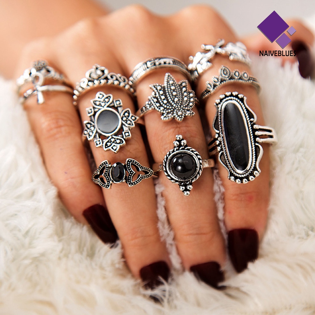 &lt; Naiveblues &gt; 11Pcs/set Cincin Knuckle Jantung Dapat Ditumpuk Paduan Bohemia Hitam Cincin Jari Imitasi Aksesori