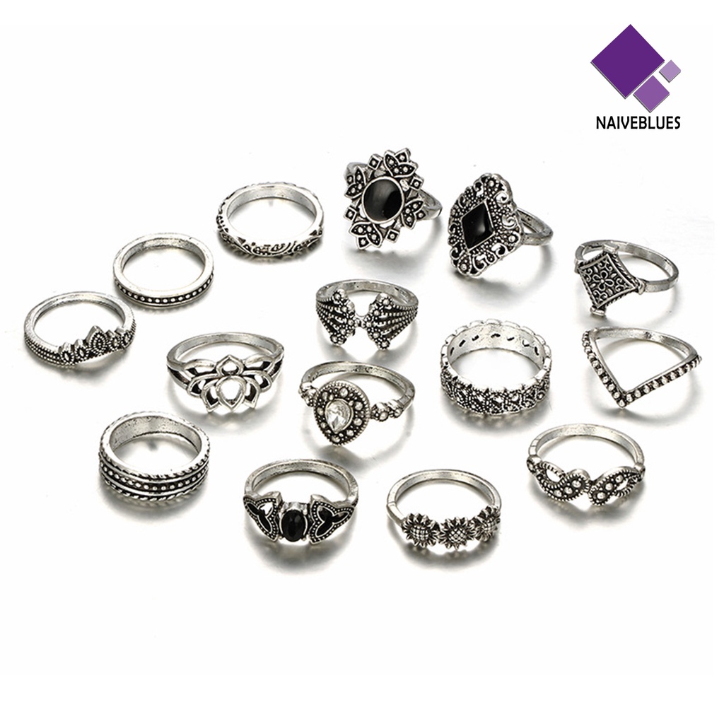 &lt; Naiveblues &gt; 15Pcs Cincin Wanita Gaya Bohemian Hias Berlian Imitasi Tidak Luntur Perhiasan Ring Untuk Kehidupan