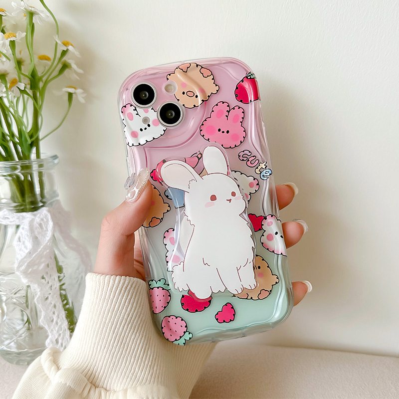 Popsocket Cute Strawberry Bunny Flower Smile Clear Wave Soft Case HP iP iPhone X XS XR 11 12 13 14 Pro Max Woman Girl FTD Casing Apple